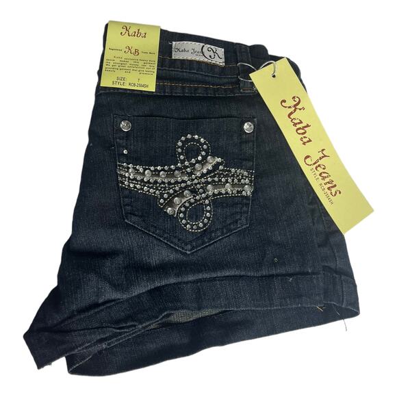 NEW Kaba JEAN SHORTS SZ 7 Dark Blue Denim Stone Stud Bedazzled Double Lasso NWT - Picture 3 of 12